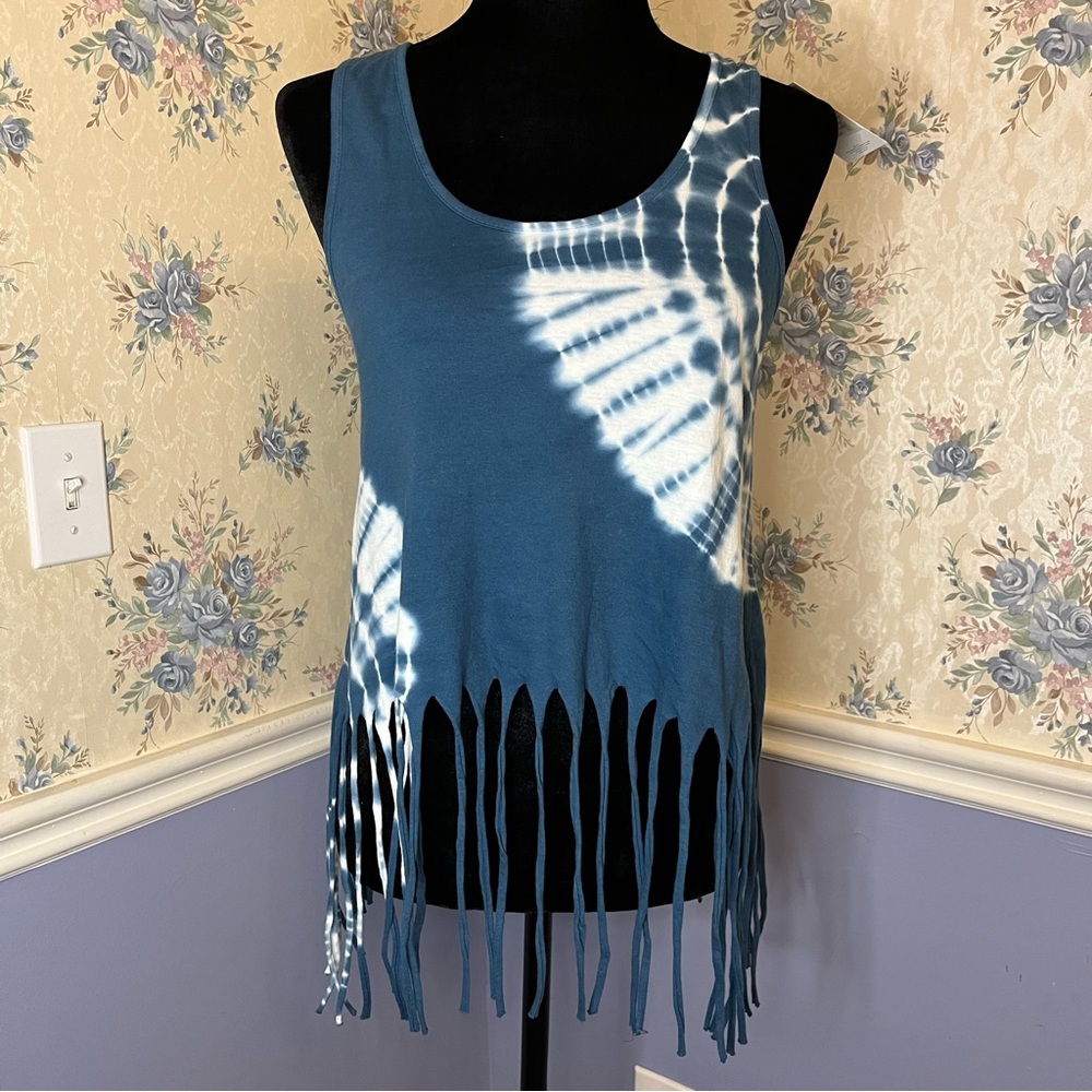 Southern Spirit Blue & White Tie Dye Fringe Sleeveless Tank Top, Size S, NWT